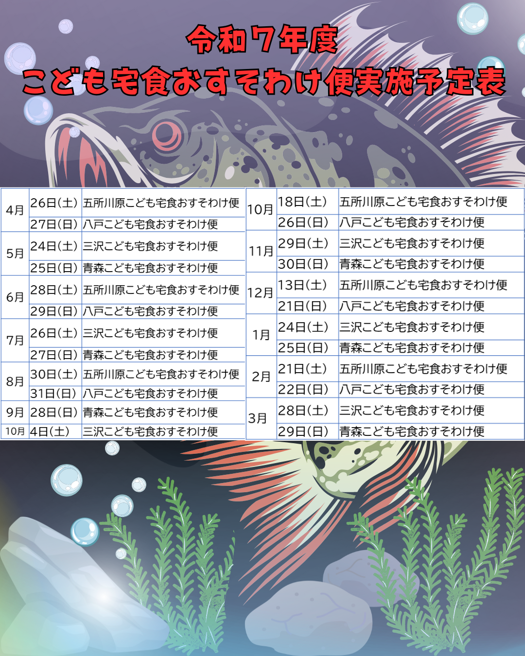 こども宅食おすそわけ便の令和７年度のスケジュールです。
